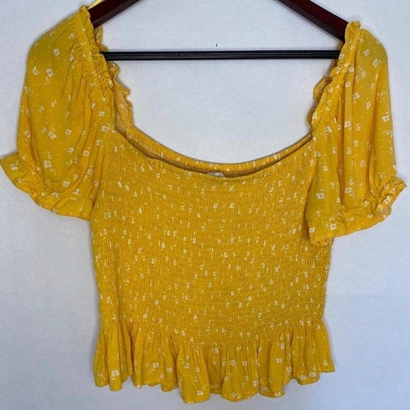 Elodie Smocked Yellow White Floral Stretch Ruffle Peasant Crop Top, Size Large - Picture 5 of 8
